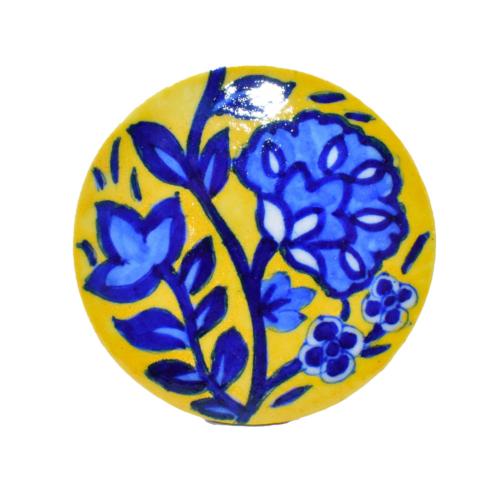 Single Round Ceramic Coaster, yellow with blue flowers 9cm diameter
