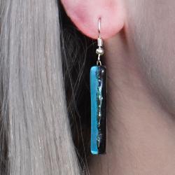 Earrings glass ‘Andes’ long rectangular dangle, blue and black 3.5 x 0.5cms