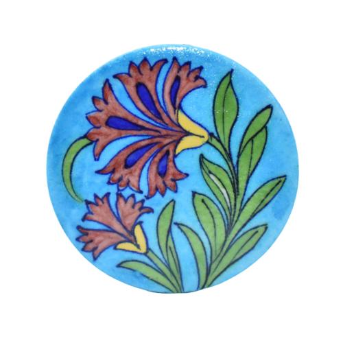 Single Round Ceramic Coaster, blue with red flowers 9cm diameter