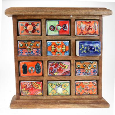 Wooden mini chest, 12 ceramic drawers