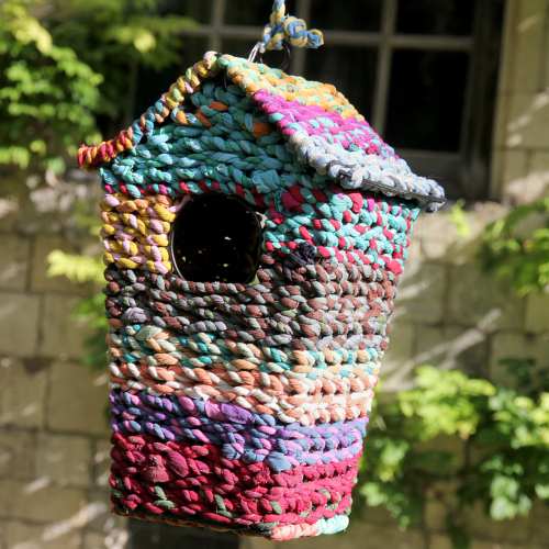 Bird house, recycled fabric, 19x16x28cm