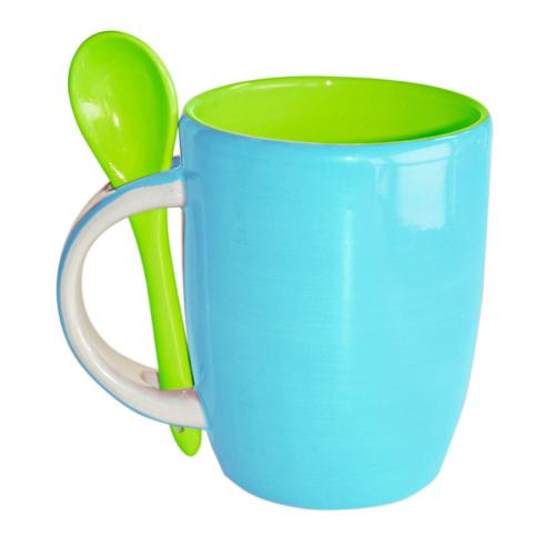 Green and Blue hand-painted mug and spoon, 10 x 8 cm