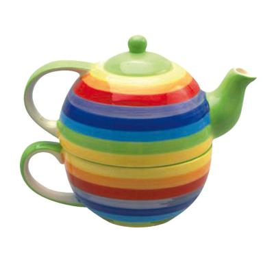 Cup & teapot set rainbow horizontal stripes ceramic hand painted 