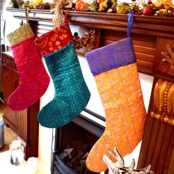 Christmas stocking, recycled sari silk, assorted colours