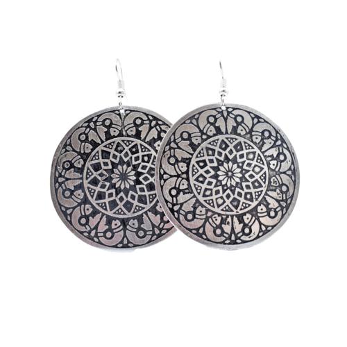 Earrings Round Mandala, black on silver 5cm diameter