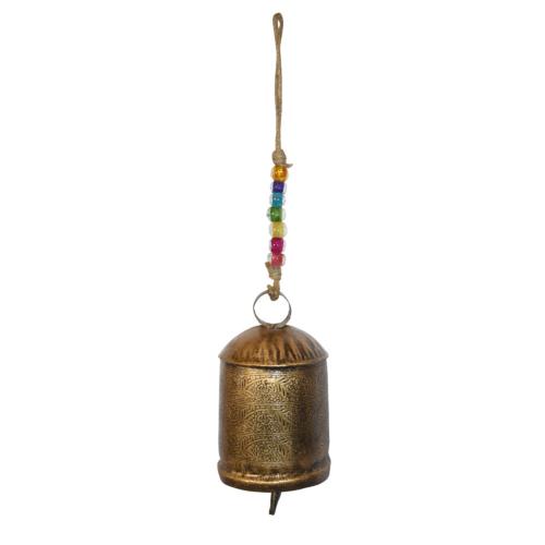 Hanging bell recycled wrought iron etched pattern 8.5 x 15cm, length 35cm