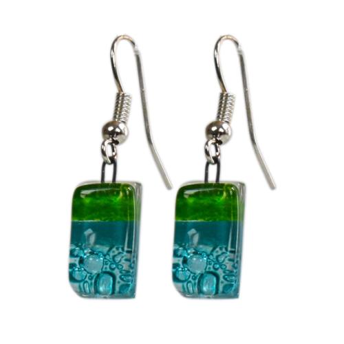 Earrings glass ‘Patagonia’ short rectangular dangle, blue and green 1.3 x 0.7cms