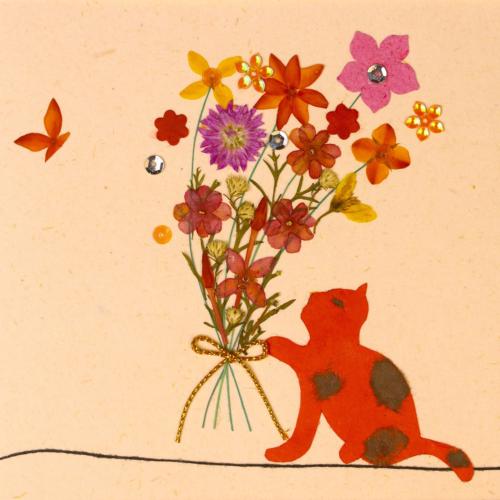 Handmade Card, Cat with Bunch of Flowers 12x12cm