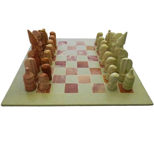 Luxury African stone handmade chess set beige/pink Fair Trade square board 30cm