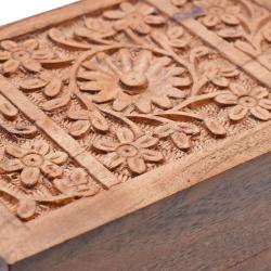 Secret Lock Box Hand Carved Acacia Wood, Floral Design 15 x 10 x 6cm