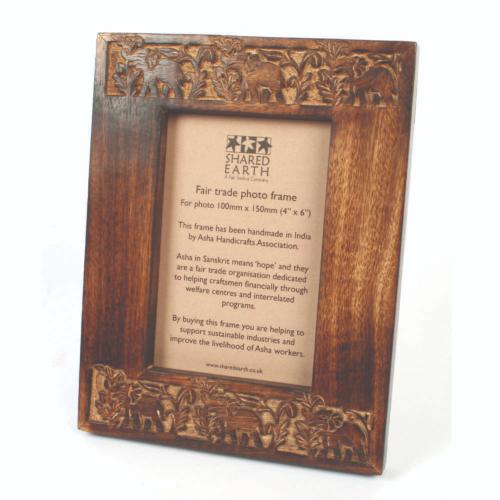 Mango wood photo picture frame elephant design hand carved 4x6"