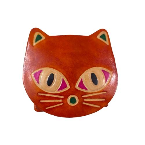 Leather Coin Purse Cat Shape Red 6.5x6.5cm