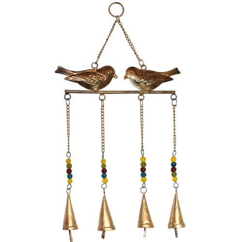Hanging windchime 2 birds above 4 bells on chains recycled metal indoor/outdoor