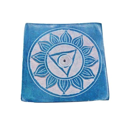 Incense holder carved soapstone, chakra throat blue 8 x 8cm