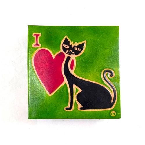 Leather Coin Purse Square Cat with Heart 6.5x6.5cm