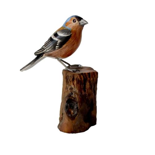 Chaffinch on tree trunk, hand carved wooden indoor/garden ornament 12cm