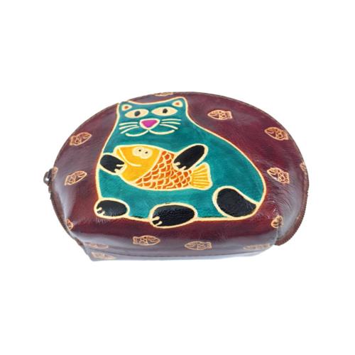 Leather Purse Cat with Fish 14x9cm