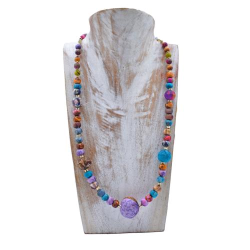 Necklace Recycled Multicoloured Beads on Cotton Strap 26cm