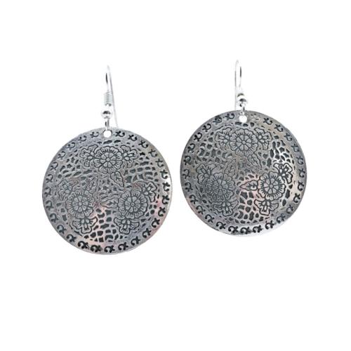 Earrings Round floral, black on silver 3cm diameter