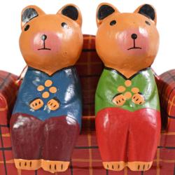 2 bears on a tartan sofa hand carved Albesia wood, 12 x 8 x 5 cm