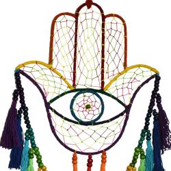 Dreamcatcher on wire frame, Hamsa Hand rainbow colours 26 x 56cm