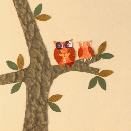 Handmade card, 2 owls in tree 12x12cm