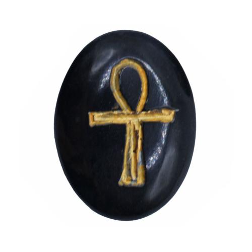 Pebble / Paperweight Black with Gold Coloured Ankh / Egyptian Cross 4.5 x 3.5cm