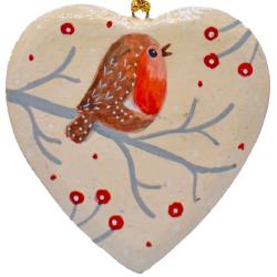 Hanging decoration, robin on heart, papier mâché 8.5cm