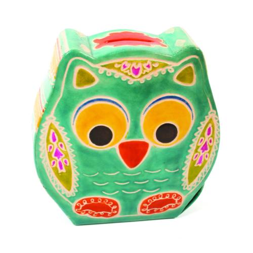 Leather money box owl turquoise