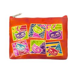 Leather Purse / Pouch 6 Cats in Squares 20x14cm