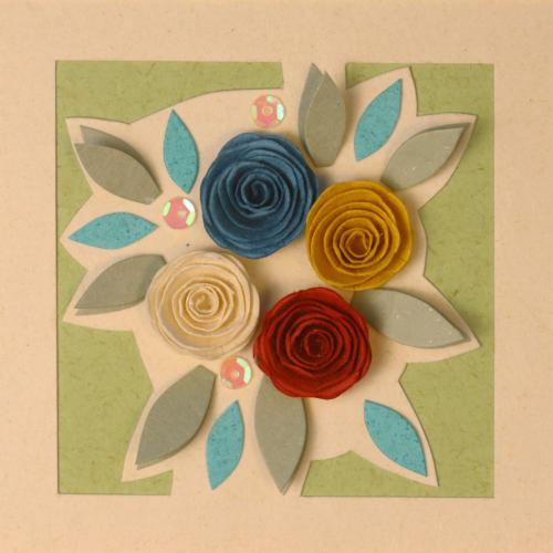 Handmade greetings card, 4 roses blue white red yellow