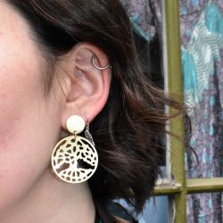 Ear studs, brass tree of life motif + disc