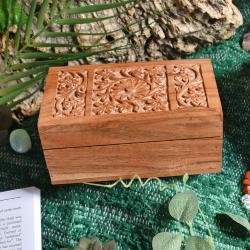 Secret Lock Box Hand Carved Acacia Wood, Floral Design 15 x 10 x 6cm