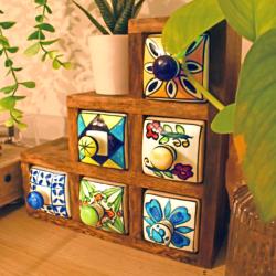 Mini Chest Hand Carved Mango Wood, 6 Ceramic Drawers 3+2+1 22x22x9cm