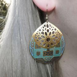 Earrings, Brass raindrop shape drop cut out green and gold 4.5 x 6.5cm