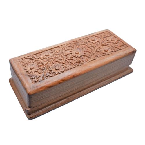 Secret Lock Box Hand Carved Acacia Wood, Floral Design 26.5 x 11.5 x 6.5cm