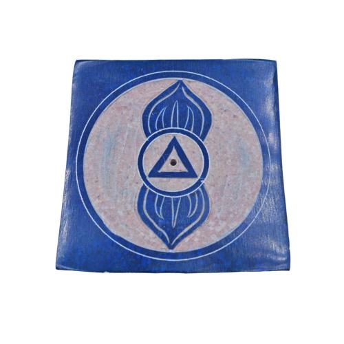 Incense holder carved soapstone, chakra third eye blue 8 x 8cm