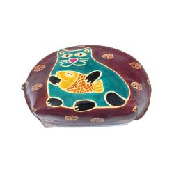Leather Purse Cat with Fish 14x9cm