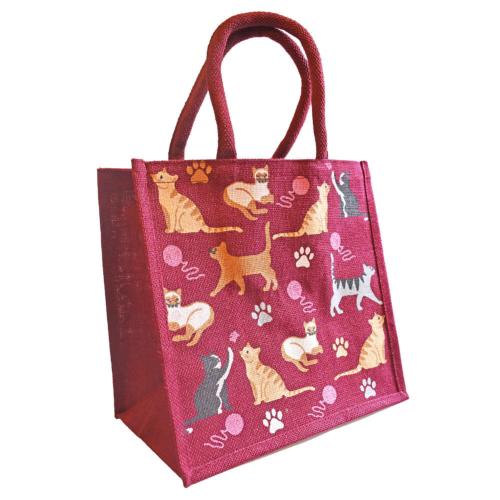 Jute shopping bag, Cats burgundy 30x30cm