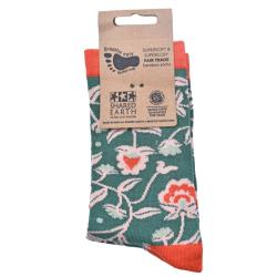 Bamboo Socks Red Teal Floral Shoe Size UK 3-7 Womens Fair Trade Eco