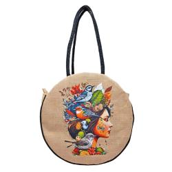 Jute Circular Bag with Zip Birds + Face to Right
