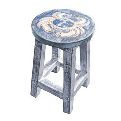 Wooden Stool with Crab Design Top, Blue washed 25 x 39cm