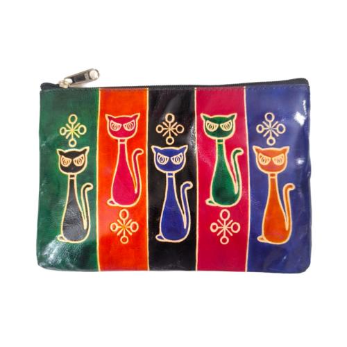 Leather Purse / Pouch 5 Cats Sitting 20x14cm