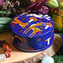 Round Trinket Box, woodland papier mâché blue 8 x 4cm