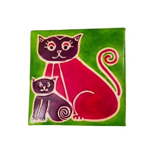 Leather Coin Purse Square Cat with Kitten 6.5x6.5cm