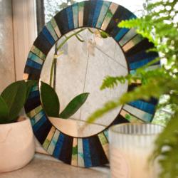 Round mirror, recycled glass mosaic blues 30cm diameter