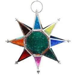 Lantern Tea Light Holder Hanging Star Recycled Glass, Green Centre 20cm