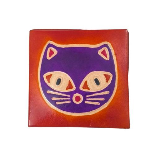 Leather Coin Purse Square Cat Face on Red 6.5x6.5cm