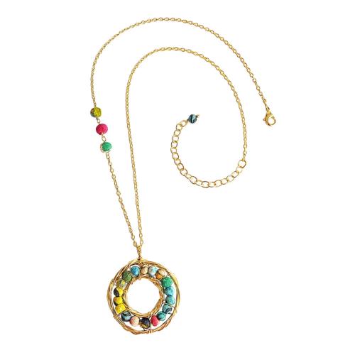 Necklace, Multicoloured Recycled Beads in Circle Pendant