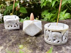 Circular Soapstone elephant incense/candle holder, 6 x 6cm